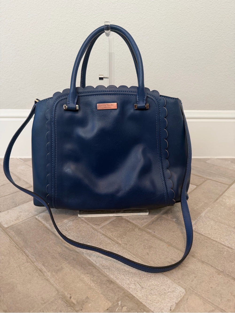 Kate Spade Navy Leather Scalloped Trim Satchel 2 Way Tote